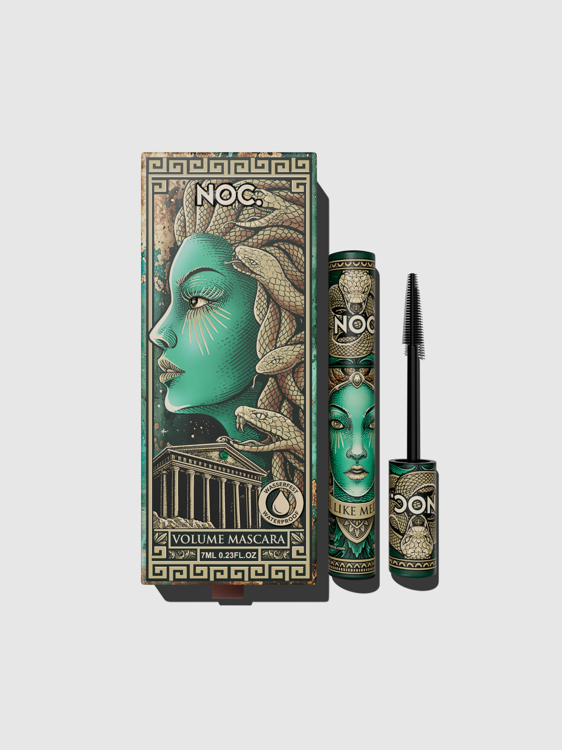 NOC. Cosmetics Volume Mascara mit Verpackung – vegane Luxus-Mascara mit Medusa-Design und griechischem Tempel-Motiv