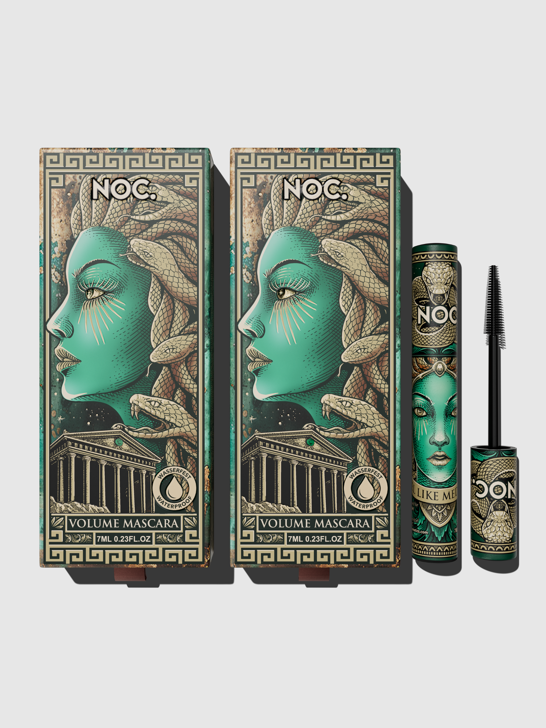 NOC. Cosmetics Volume Mascara Verpackung und Bürstchen – vegane Luxus-Mascara mit Medusa-Design